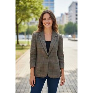 Sag‎ Harbor Women's Plaid Blazer Jacket Brown Green Checkered Single Button Size